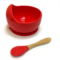 Тарелка силиконовая + ложка с деревянной ручкой Red (завод 2)