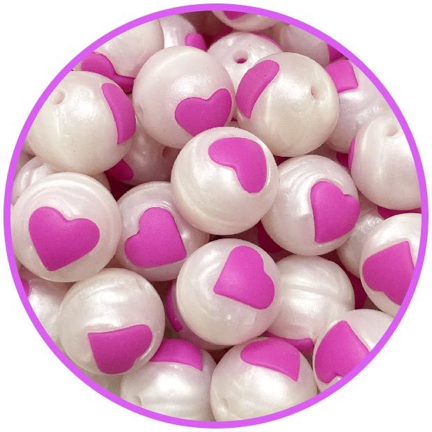 бусина белый металлик сердце темно розовое