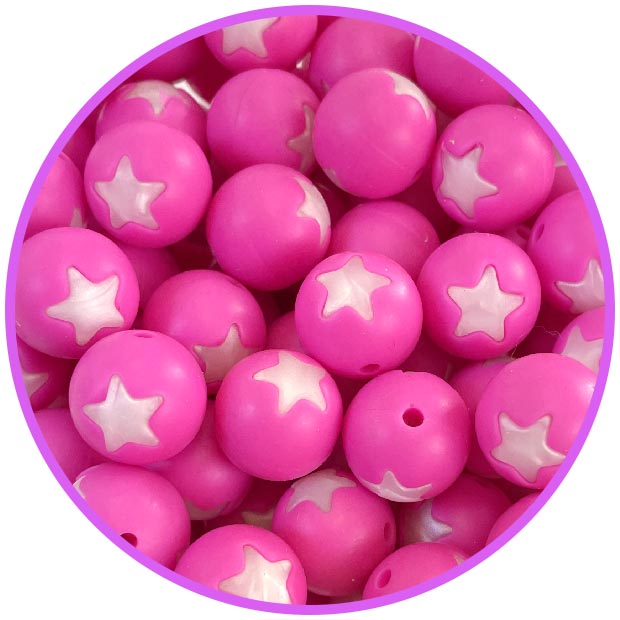 бусина фуксия со звездой белый металлик