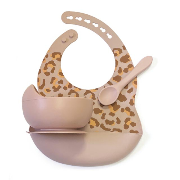 Комплект Нагрудник Миска Ложка Леопард (Dusty Lilac)