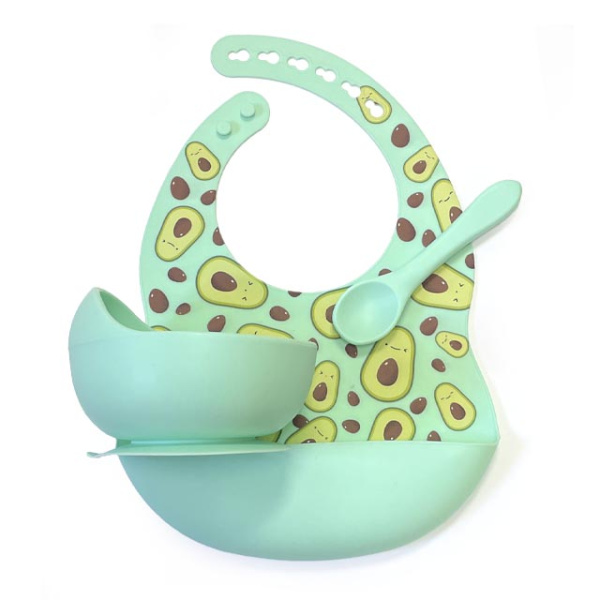 Комплект Нагрудник Миска Ложка Авокадо (Мята)