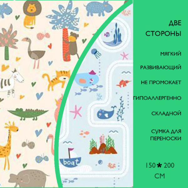 Коврик детский игровой 150 х 200, для ползанья, складной двухсторонний, развивающий (Саванна/Водный мир)