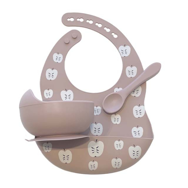 Комплект Нагрудник Миска Ложка Яблочки (Dusty Lilac)