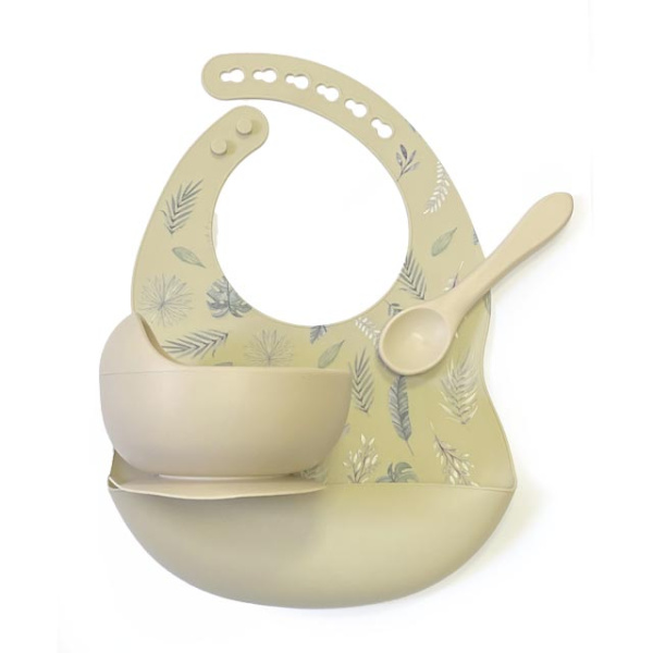 Комплект Нагрудник Миска Ложка Листочки (Телесный)