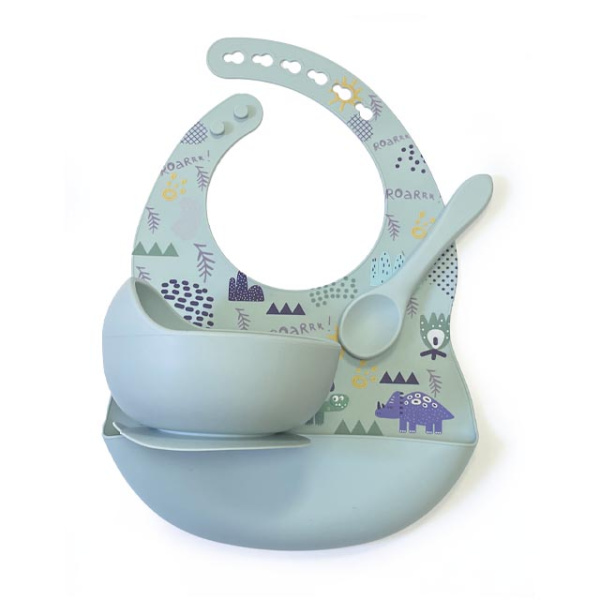 Комплект Нагрудник Миска Ложка Динозаврики (Dusty Blue)