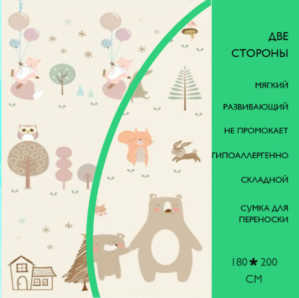 Коврик детский игровой 200 х 180, для ползанья, складной двухсторонний, развивающий (Лесные звери)