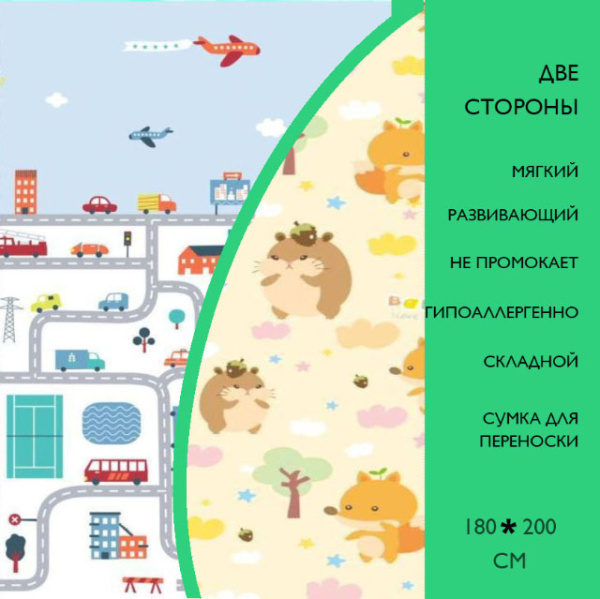 Коврик детский игровой 200 х 180, для ползанья, складной двухсторонний, развивающий (Город/парк)