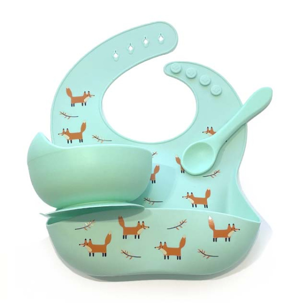 Комплект Нагрудник Миска Ложка Лисички (мята)