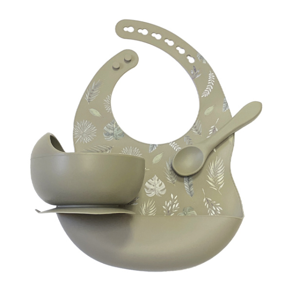 Комплект Нагрудник Миска Ложка Листочки (Хаки)