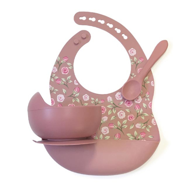 Комплект Нагрудник Миска Ложка Розочки (Blush)