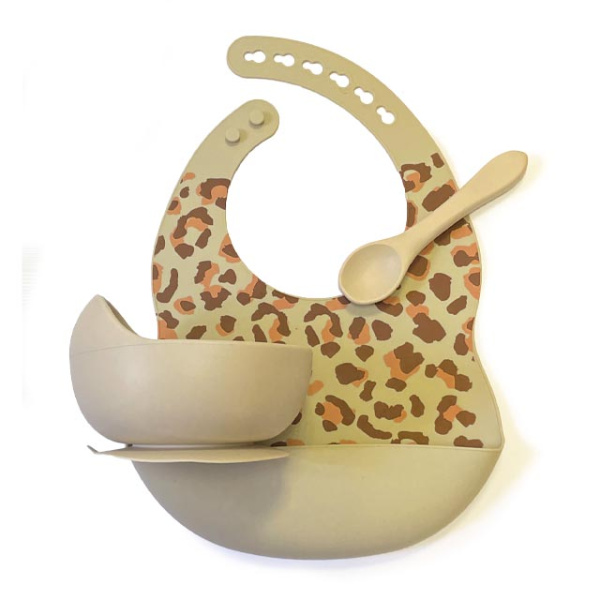 Комплект Нагрудник Миска Ложка Леопард (Телесный)