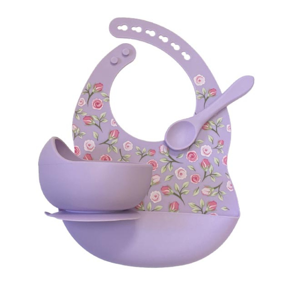 Комплект Нагрудник Миска Ложка Розочки (Сирень)