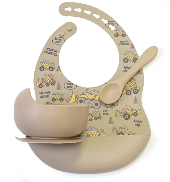 Комплект Нагрудник Миска Ложка Машинки (Телесный)