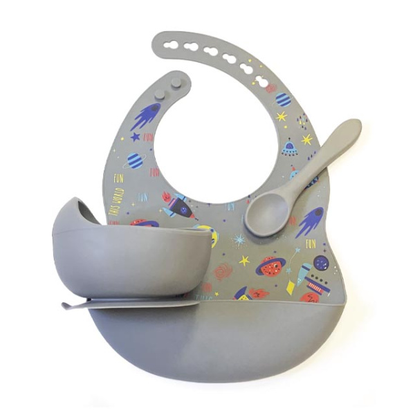Комплект Нагрудник Миска Ложка Космос (Серый)